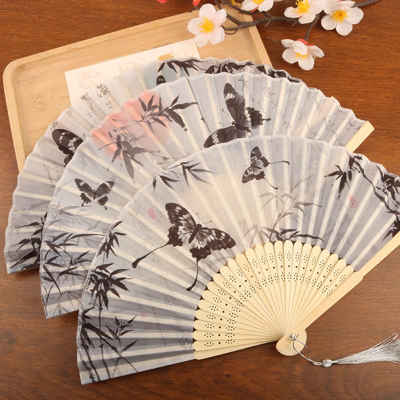 1pc Chinese Style Bamboo Folding Fan Butterfly Pattern Hand Fan With Tassel For Wedding Dance Party Home Decor