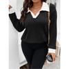 Autumn and Winter Solid Color Plus Size Women's Top V-neck Long Sleeved Pit Stripe Brushed T-shirt Loose Fitting Shirt