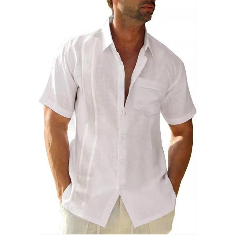 Men s Black Ramie Blend Short Sleeve Shirt Casual Button Down Summer Breathable Blouse S белый