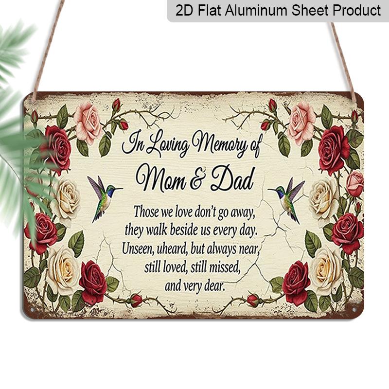 

2D Flat 1pc ( 8X12 ), In Loving Memory of Mom & Dad Memorial Sign Featuring Hummingbirds and Roses Gift Sign, Floral Decoration, Aluminium Metal 20*30cm