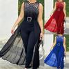 Sexy Damen-Jumpsuit mit Rundhalsausschnitt, durchsichtigem Netzstoff, ärmellos, mit Stempelmuster