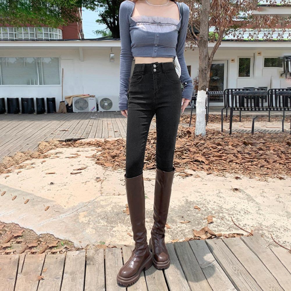 Xiaoxiangfeng high-waisted elastic double-buckle pencil jeans women's 2025 autumn and winter new thin jeans