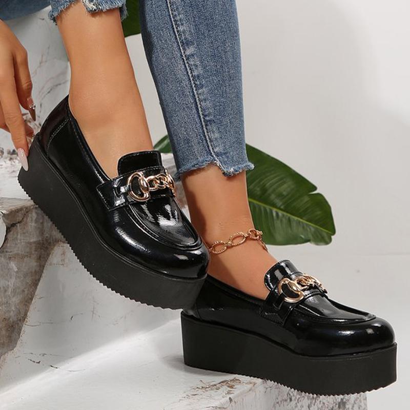 Mote Elegante Chunky Hæl Loafers Sko Kvinner Metall Detor Svarte Kilesko Kvinne Vår Høst PU Lær Loafers Sko Damer