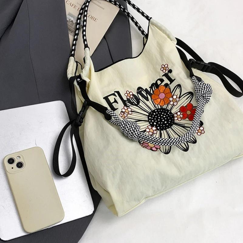 Borsa a Spalla/Crossbody in Tessuto Oxford Fashi Ricamo Floreale Borsa da Mano da Donna Borsa Tote Grande Capacità Borsa da Shopping Casual