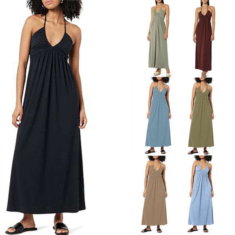

2024 European & American V-Neck Halter Backless Ruched Sleeveless Dress Small