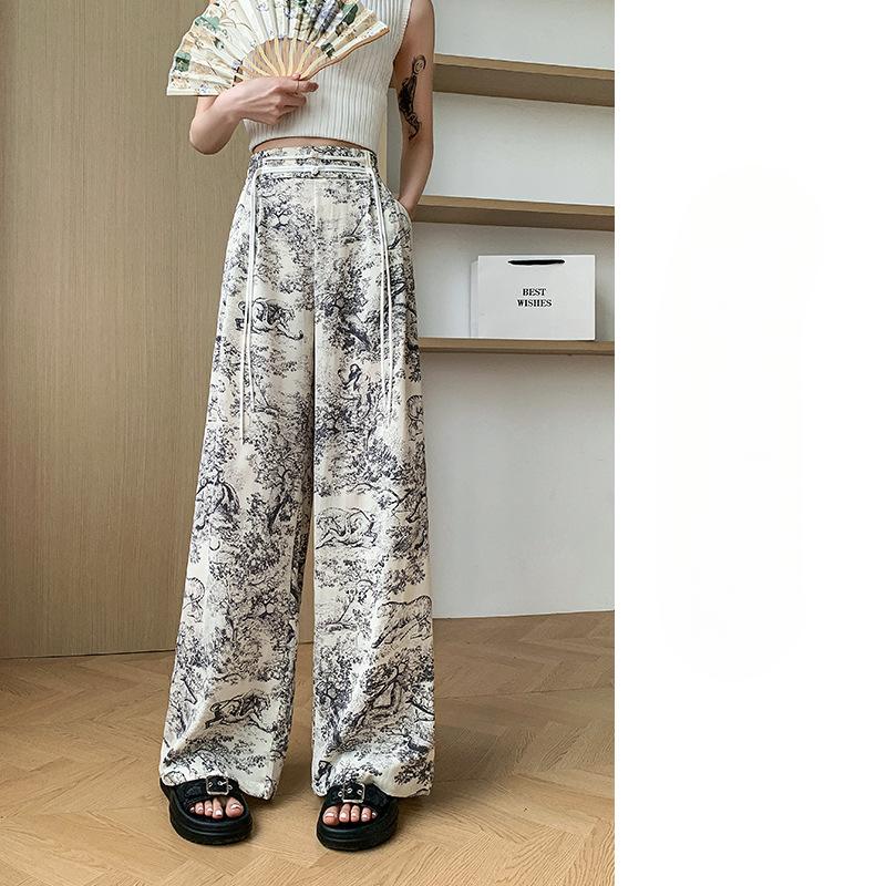 Ice Silk Wide-leg Pants for Women In Summer High-Waist Drooping Ink Tie-dye Latest Chinese Zen Pants Lazy Everyday Floor Sun Protection Pants
