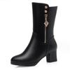 Women Leather Boots Genuine Leather Plush Boots Winter Warm Thick Heel Brand High-heeled Fashion Mid-Calf Snow Boots Women Shoe