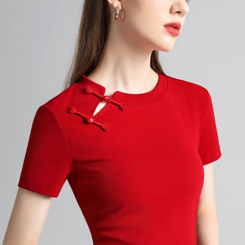 New Chinese Style Button Tops for Women's New Style Light Chinese Style Retro Cherry Red Short-sleeved T-shirt for Women