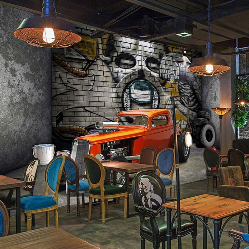 Custom 3D Wall Murals Wallpaper Creative Stereoscopic Space Car Skull Street Graffiti Art Restaurant Background Wall Painting