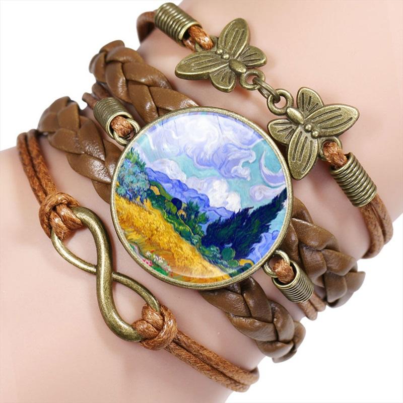 Vintage Handmade Leather Multi Layer Bracelet Butterfly Infinity Design Van Gogh Painting Crystal Bangle Jewelry Set