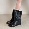 Version Vintage Washed Round Head Belt Buckle Flat Bottom Knight Boots Women's Medium Boots Short Boots