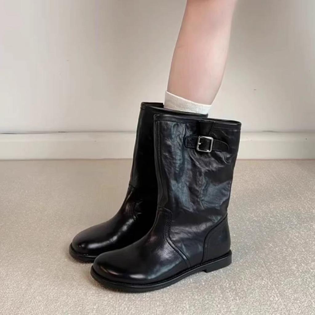 Cowhide Premium Retro Washed Round Head Belt Buckle Flat Bottom Knight Boots Women's Medium Boots Short Boots