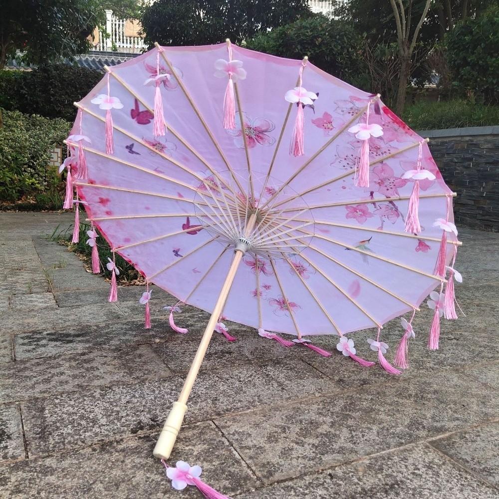 Chinese Japanese Art Silk Parasol Umbrella Large 82cm Embroidery Tassel Decorative Umbrella Classic Ribbon Umbrella