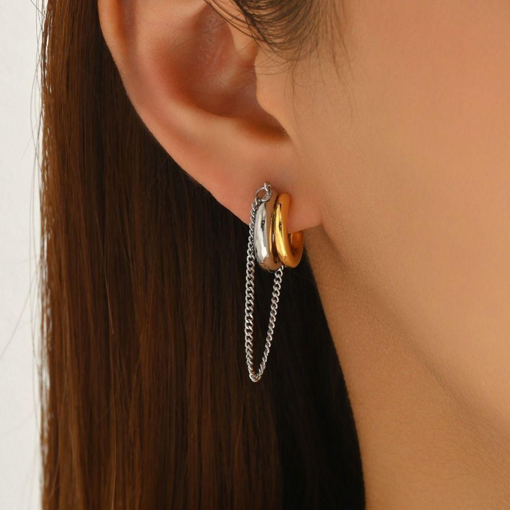 Gold Silver Double Layer Earrings Two-tone Design Huggie Earrings Geometric Earrings Retro Style