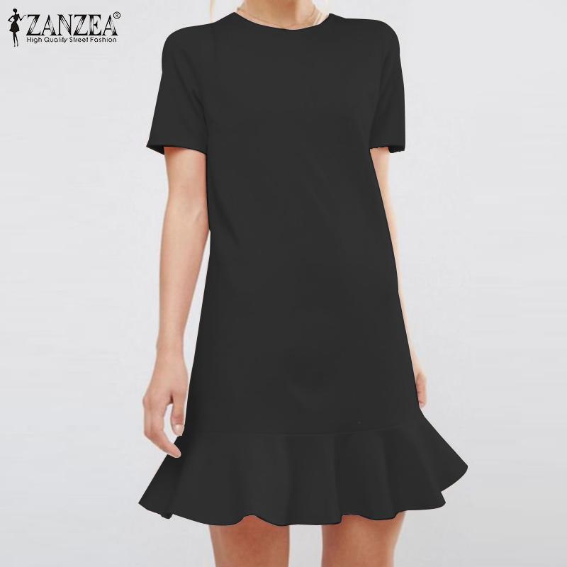 

ZANZEA Женское повседневное летнее платье с оборками и короткими рукавами и круглым вырезом