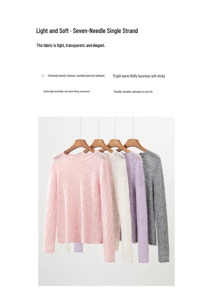 2026 Spring/Autumn Sequin Cashmere Round Neck Knitwear: Women's Long Sleeve Crochet Loose Top