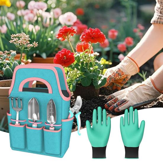 1 Set Gartengeräte Handkelle Rechen Bypass-Gartenschere Handschuhe Und Tragetasche Hochbelastbare Handwerkzeuge Geschenk für Hobbygärtner
