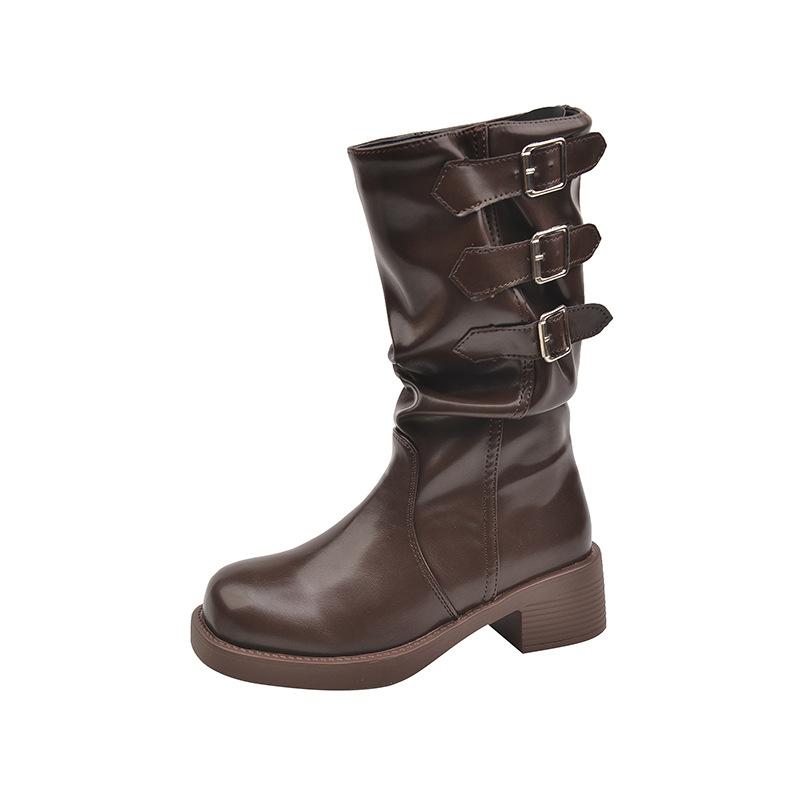 Belt Buckle Pleated Martin Boots Women's 2024 New Retro Fashion Temperament Medium Boots Thick Heel Thick Sole Fashion Boots Tide