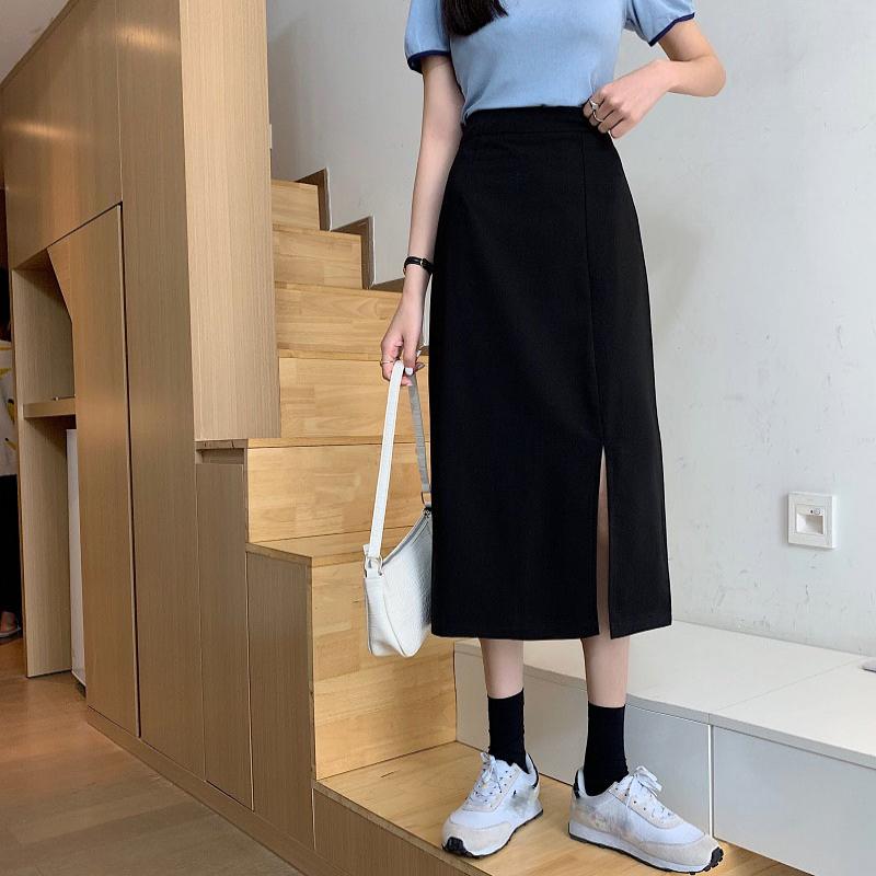 Saia Feminina Preta Cintura Alta Fenda Lateral Comprimento Midi Saia Feminina Elástica Slim Linha A Retrô Elegante Versátil Simples Moda