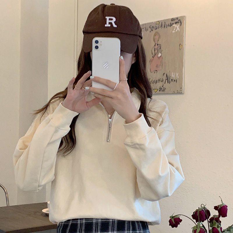 

Женский ретро преппи однотонный свитшот с отложным воротником и короткой молнией, пуловер с длинным рукавом (Весна/Осень 2025) S (recommended 75-90 jin)