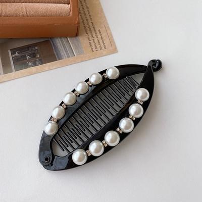 Sweet Korean Style Pearl Banana Clip Hairpin Headwear Plastic Vertical Clip Headdress Hair Claw Rhinestone Hair Clip Women