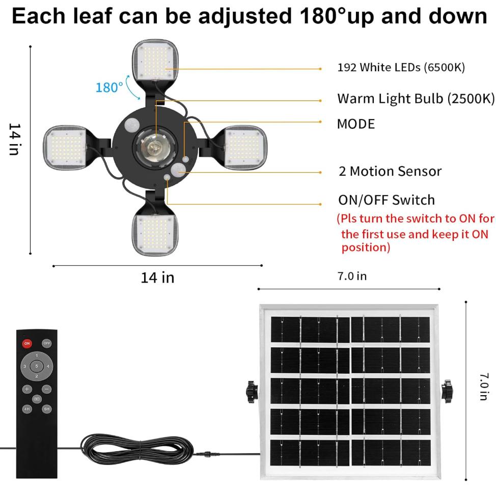 Luce Solare per Capanno Interno Esterno Lavoro Giorno e Notte Luce a Sospensione con 5 Modalità di Illuminazione e 2 Timer, con Telecomando per Capanno Gazebo Garage