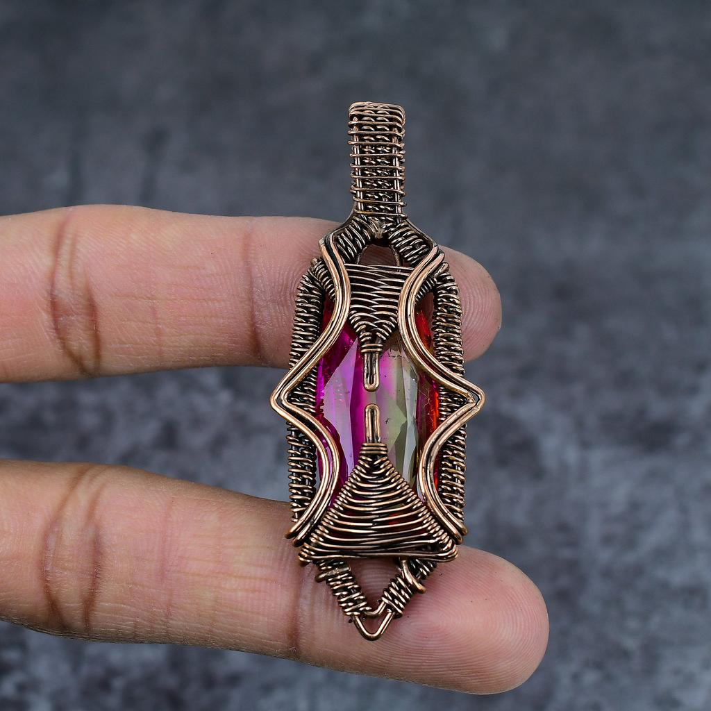 Natürlicher zweifarbiger Turmalin-Kupferdraht-Wickelanhänger, Geschenk, Schmuck, 7,8 cm, m5U26