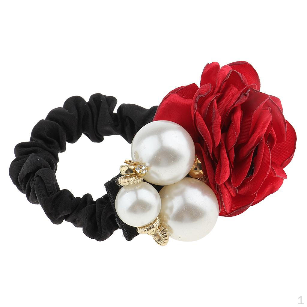 

Flower Hair Rope Pearl Beads Rubber Band Ties Women Girl вина червоного кольору