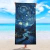Sternennacht Dorf Fantasie Kunst Strandtuch Schnelltrocknendes Polyester, Leicht & Saugfähig, Lebendiger Sternenhimmel & Mondbeleuchtetes Dorf