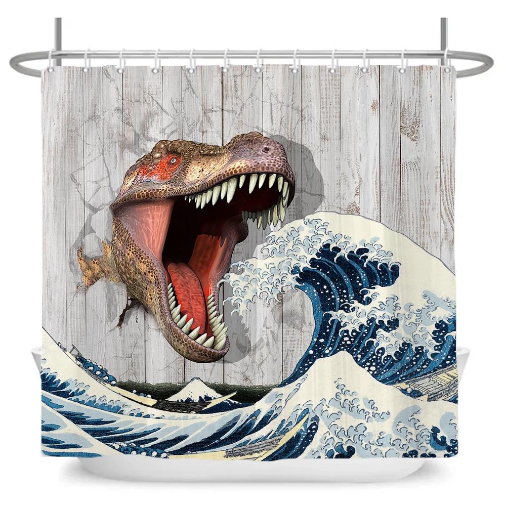 Lustige Hund Dinosaurier Duschvorhänge Cooler Katze reitet Dinosaurier Japanische Ozeanwelle Kinder Badezimmervorhang Raumdeko Mit Haken