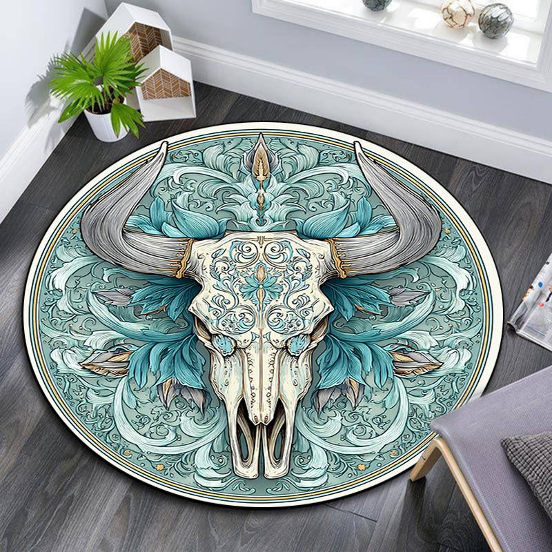 

Bohemian Buffalo Skull Round Area Rug,Carpet Rug for Living Room Bedroom Sofa Playroom Decor,Non-slip Floor Mat 80cmx80cm