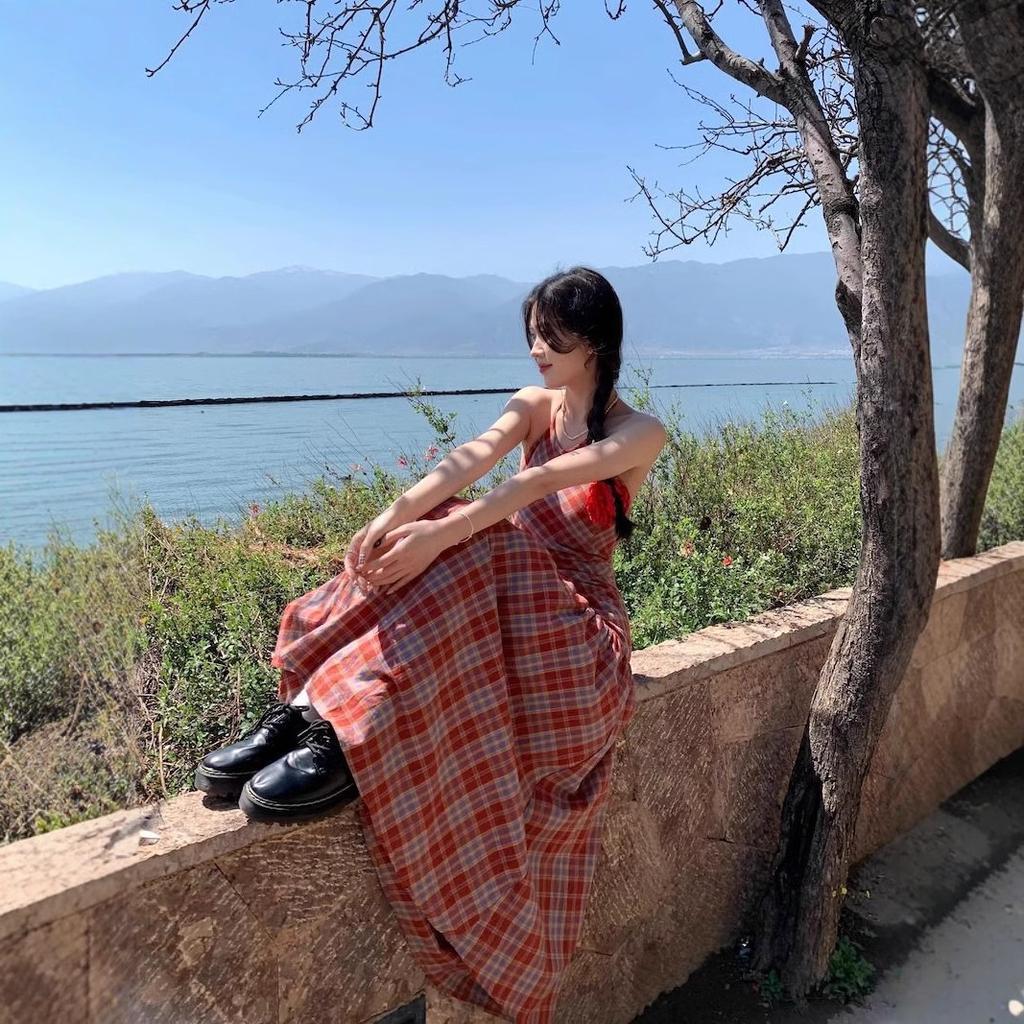 Red Plaid Dress Niche Neck Suspender Skirt Women's Summer Backless Strap A-shaped Skirt Temperament Seaside Long Dress