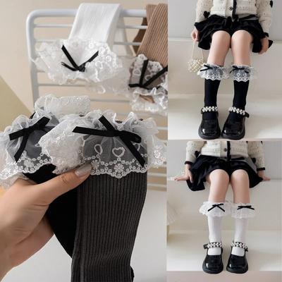 1 Paar Wadensocken mit Spitzenrüschen für Kinder und Mädchen, modische Rüschensocken mit Schleife für Kinder, Frühling, Sommer, weiche Baumwollsocken für die Schule