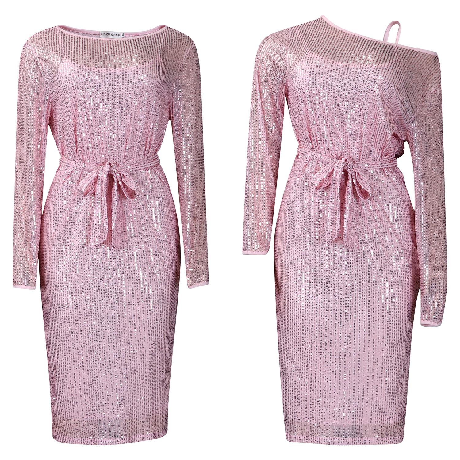 

Женский весенний комплект из двух частей с косым воротником и пайетками, а-силуэтный воротник, сексуальное банкетное платье-комбинация XXXL розовый