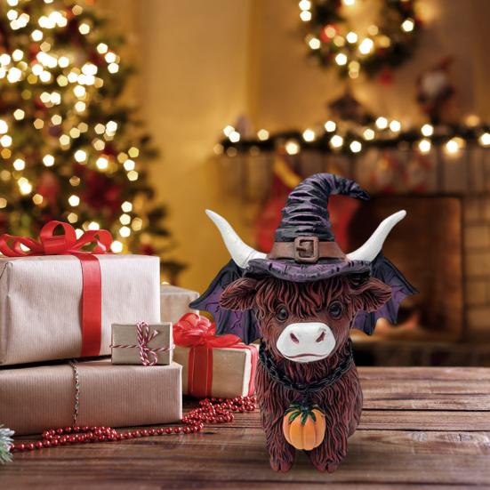 Halloween Highland Cow Resin Figurine Wizard Hat Pumpkin Broom Cattle Statue Sculpture Holiday Party Decoration Ornament