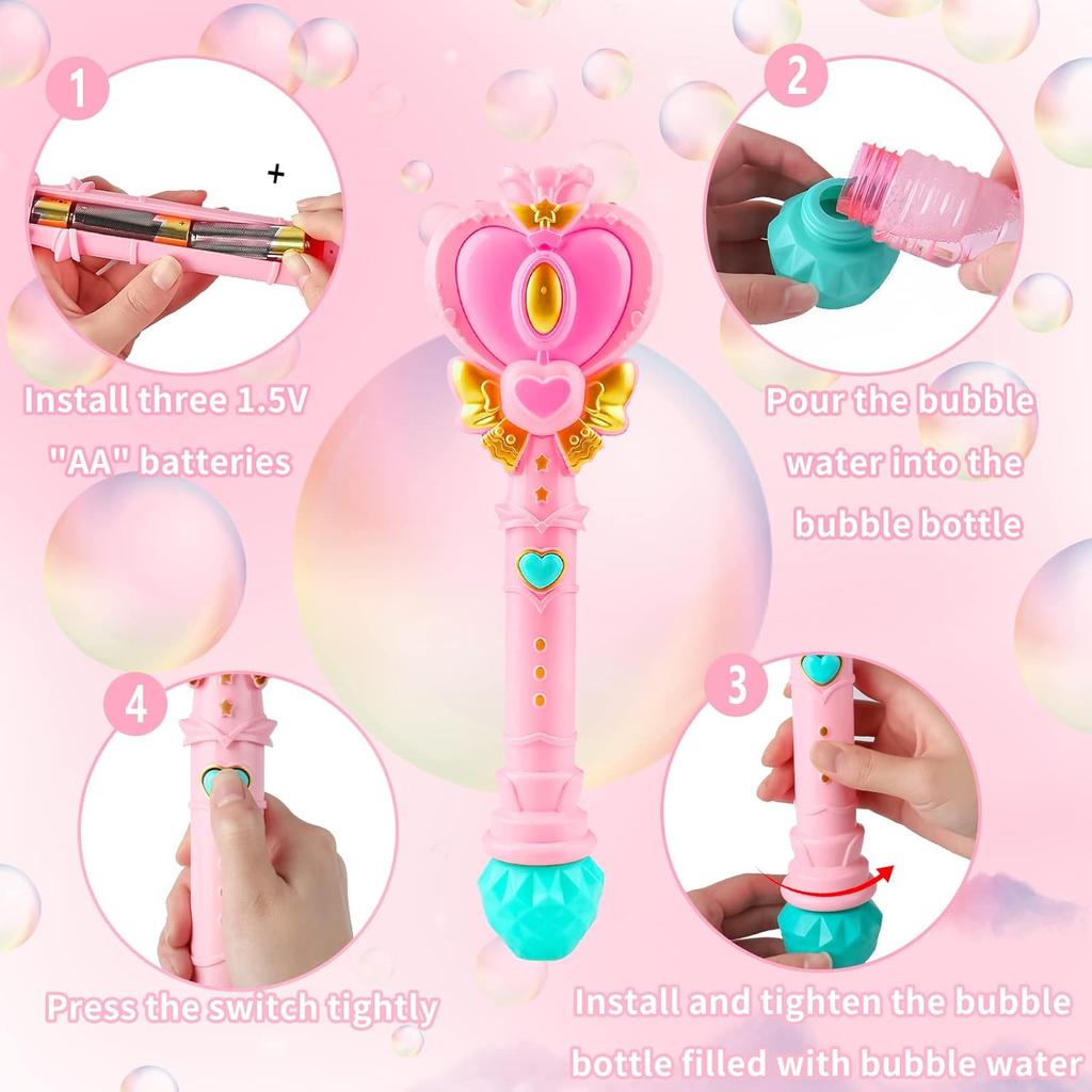 Bubble Wand for Kids, Princess Heart Bubble Machine Blower Maker Wand with Light, Easter Basket Stuffers Outdoor Toys Gifts for 1 2 3 4 5 6 7 8 Years