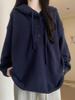 Women's Blue Hooded Sweatshirt Sweater - Autumn/Winter 2025, Lazy Style, Loose Knit Korean Design