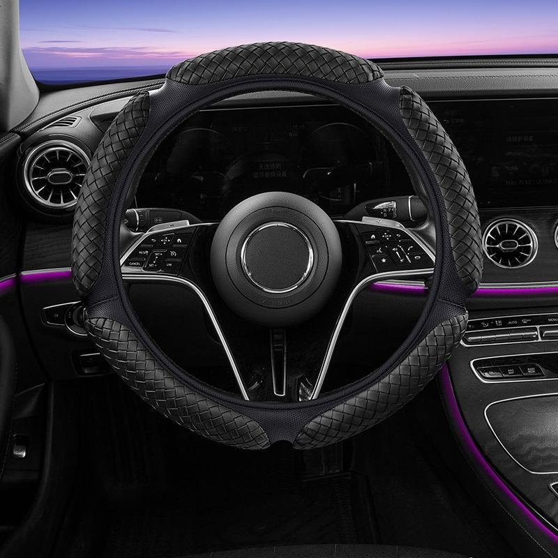 

Handwoven PU Leather Steering Wheel Cover - Textured for Anti-Slip, Ergonomic Comfort, Fits 14.5-15 Inch. чёрный