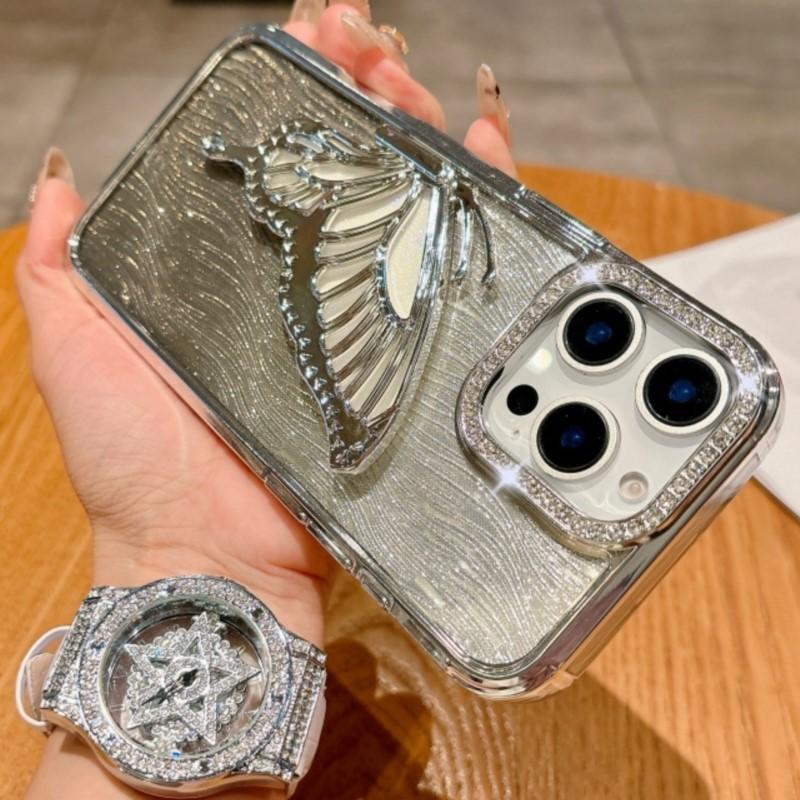 Capa Transparente com Suporte de Borboleta Bling de Luxo Para iPhone 16 Plus 15 14 13 12 Pro Max 11 Capa Diamantada Gradiente Brilhante com Galvanoplastia