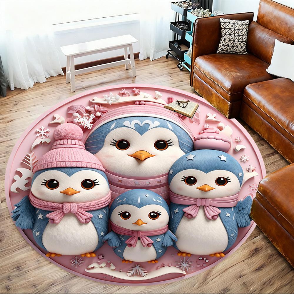 1pc Penguin Family Round Chair mat office Area Rug - Non-Slip, Floor Mat for Office, Bedroom, Ideal home decor gift c0112006