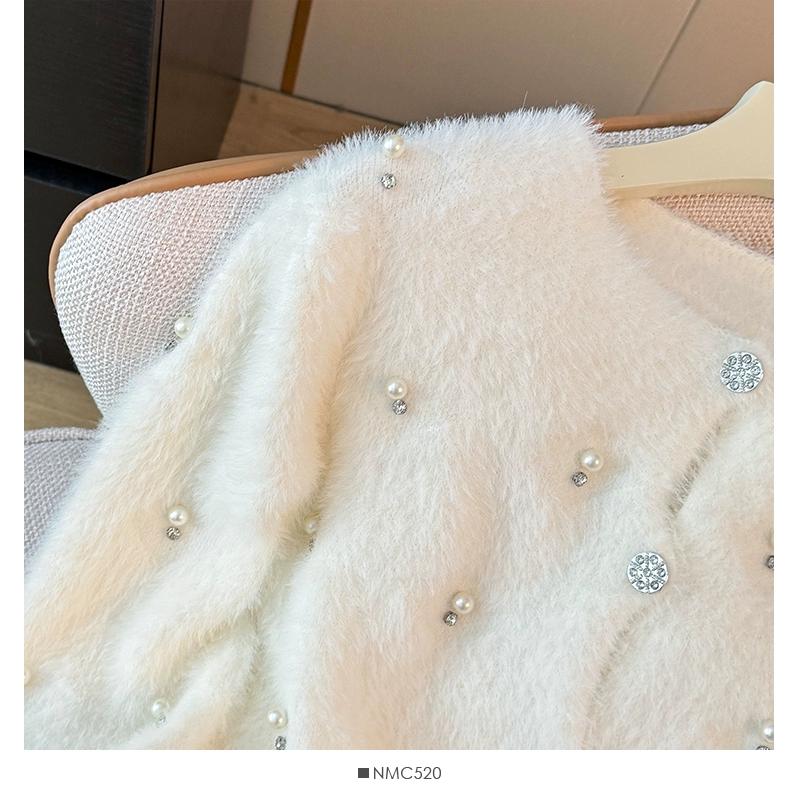 Autumn Winter Women Sweet Beading Soft Furry Mohair Knitted Sweater Christmas Short Cardigan Tops