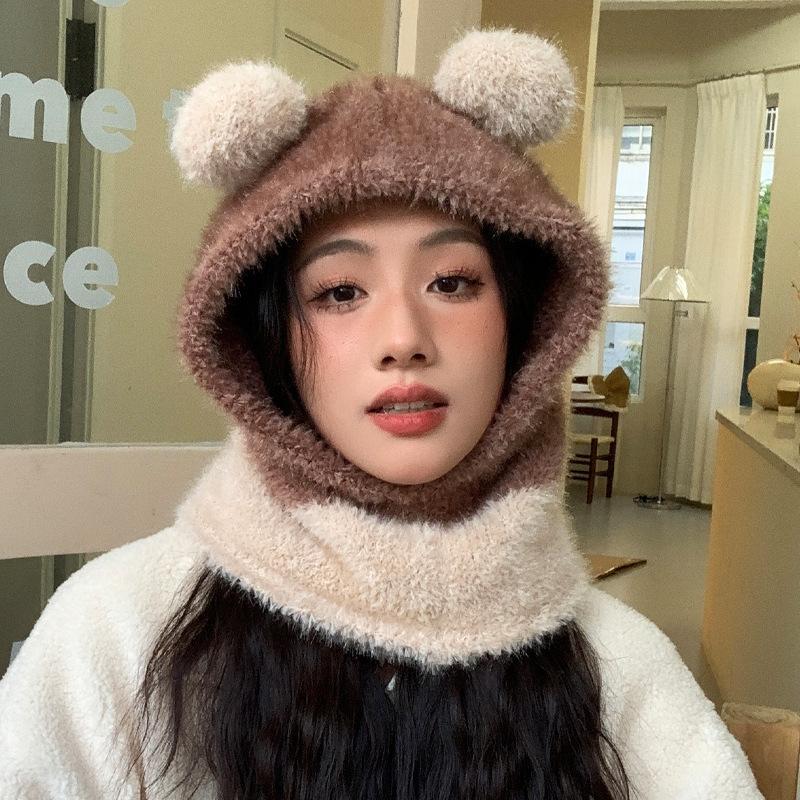 Korean New Autumn and Winter Hat for Women Cute Plush Panda All-in-one Hat for Winter Warm Scarf Hat Two Piece Set Thick