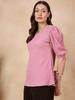 Pink Self Design Puff Sleeve Puff Sleeve Top