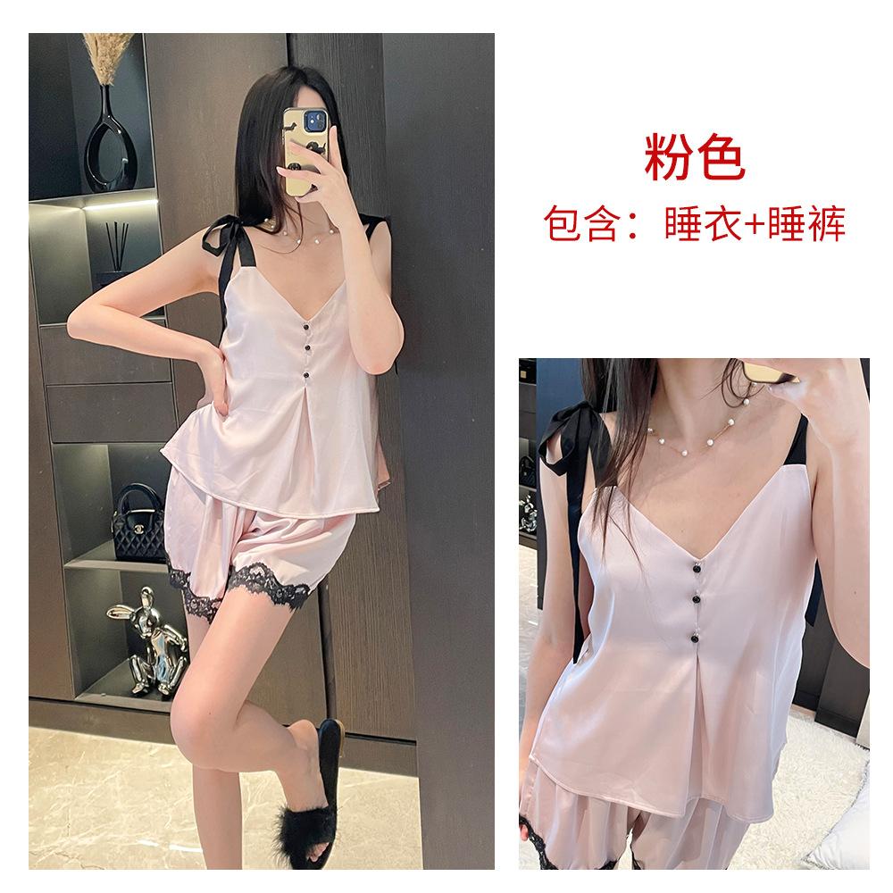 College style tether cute suspender pajamas summer satin ice silk women's loungewear new high-end pajamas set