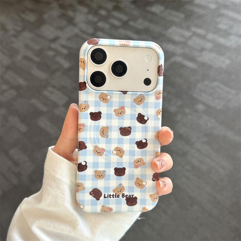 

Cute Blue Plaid Little Bear Phone Case For iPhone 17 16 15 14 Pro Max Magnetic Heart Bear Pop Socket Aesthetic Protective Cover For iPhone 17ProMax