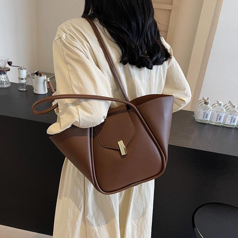 YogodlnsNew Ladies Tote Bag Basket Style Single Shoulder Commuter Bag Pure Color Versatile Handbag Soft PU Material Large Size
