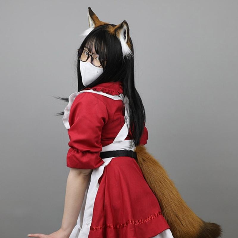 Fox Ears and Tail Set Furry Fox Ears Headband with Tail Halloween Cosplay Party Fox Costume Accessories for Kids-Adults