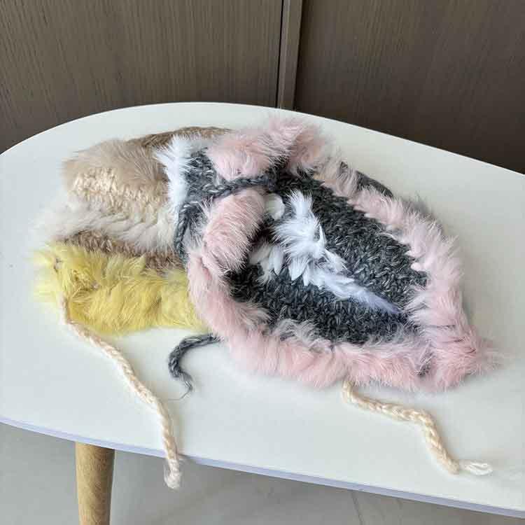 Dopamine contrasting color rabbit hair knitted wool hat children autumn and winter warm plush fashion versatile washbasin hat