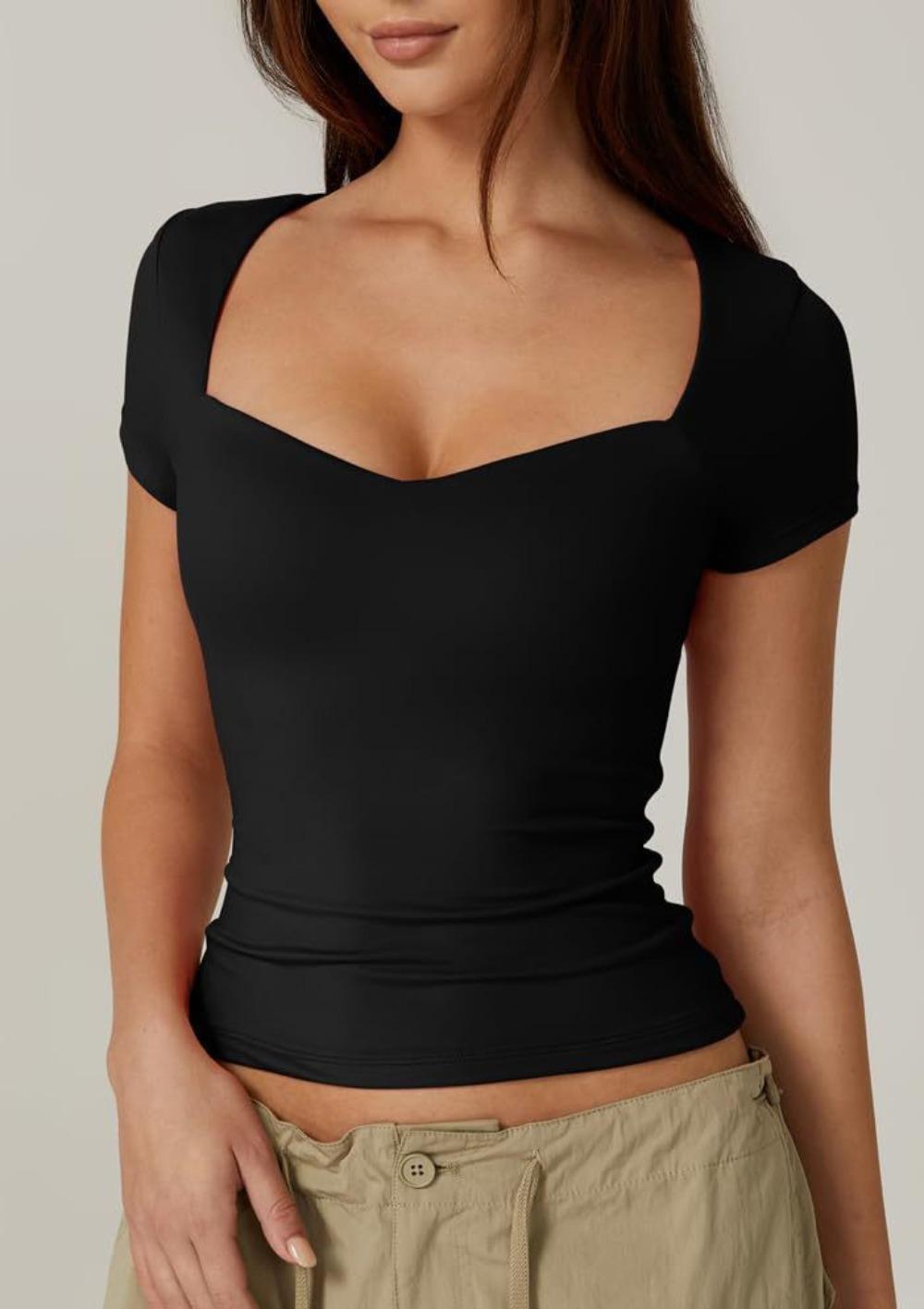 2026 Women s Heart-Shaped Neck Short Sleeve T-Shirt Women s Solid Color Slim Fit Basic Fashion Show S чёрный