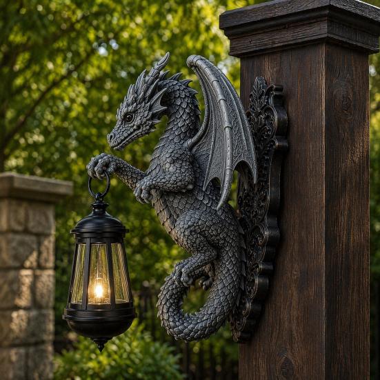 Solar Dragon Wall Light Vintage Resin Outdoor Dragon Sculpture Lamp Waterproof Gothic Garden